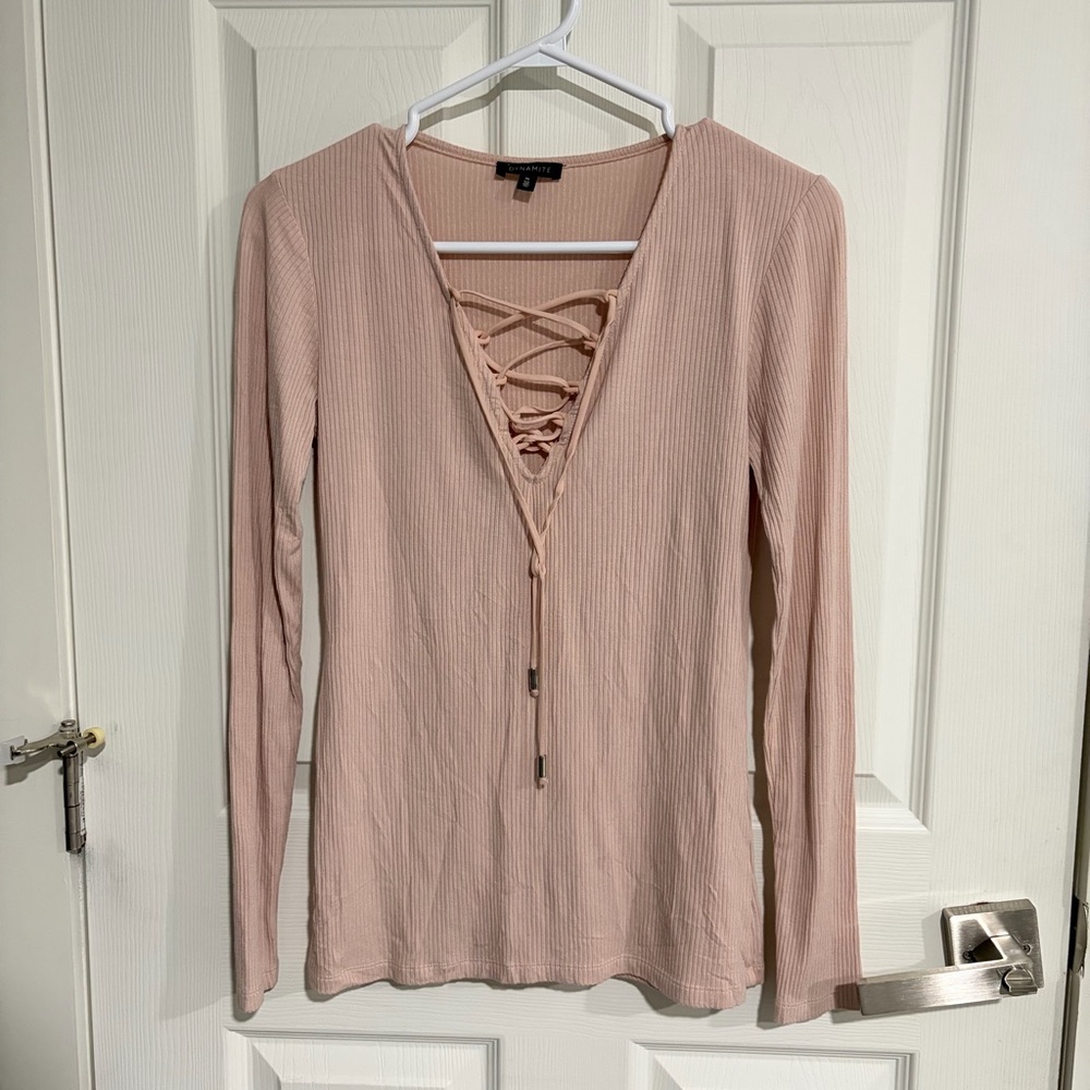 Dynamite Ribbed Lace-Up Top – Blush Pink – Size Medium